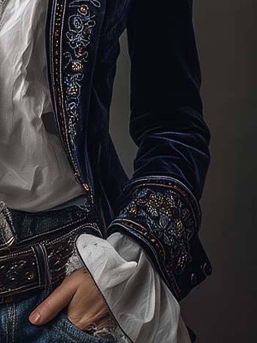 Lang vintage jakke med broderier, marineblå