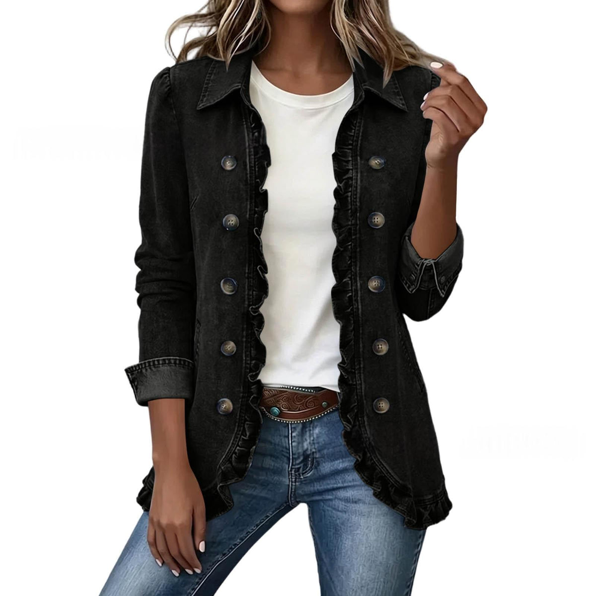 Elise – Elegant denimjakke med flæser, sort