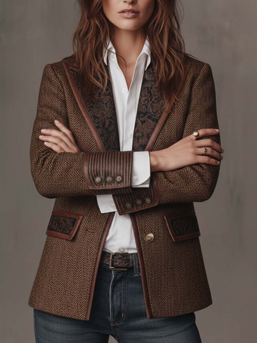 Blazer i sildebensmønster med printede paneler