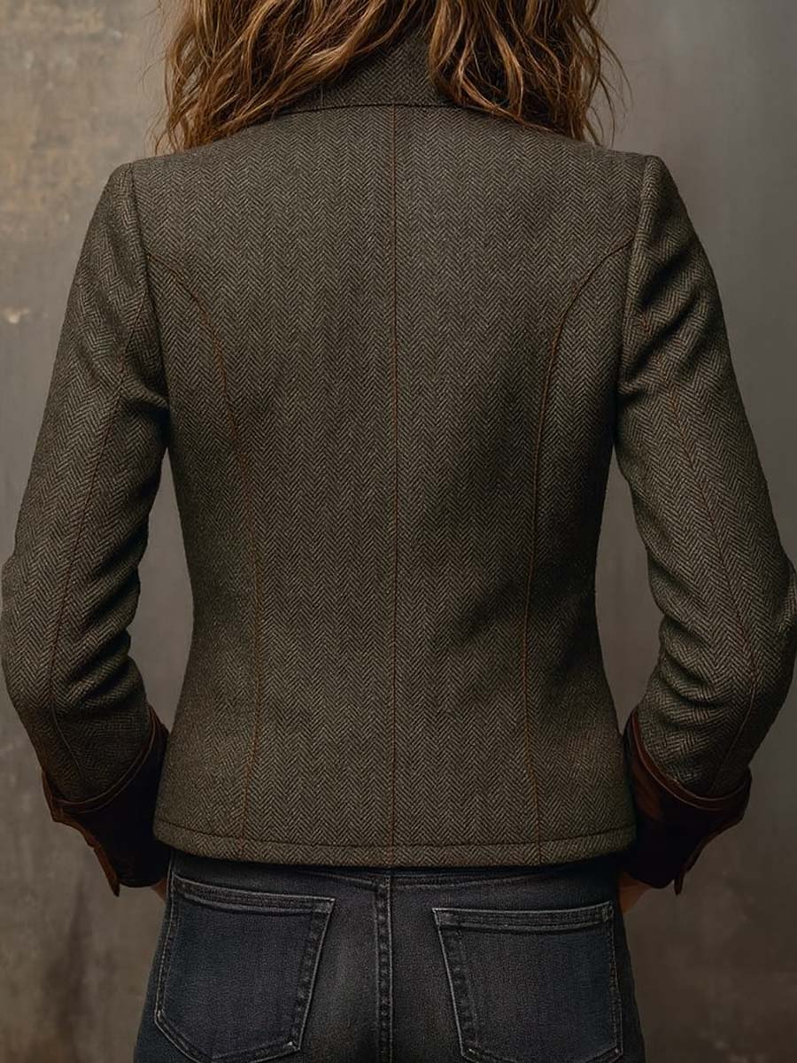 Vintage blazer i sildebensmønster med kontrastkanter