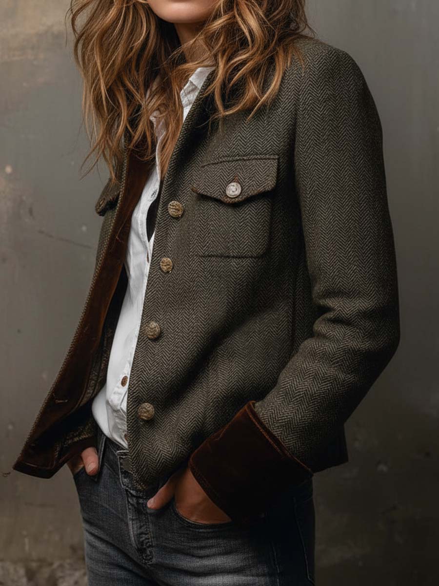 Vintage blazer i sildebensmønster med kontrastkanter