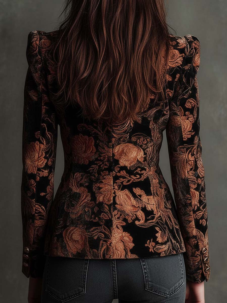 Skræddersyet blazer med sort og bronzefarvet blomsterprint