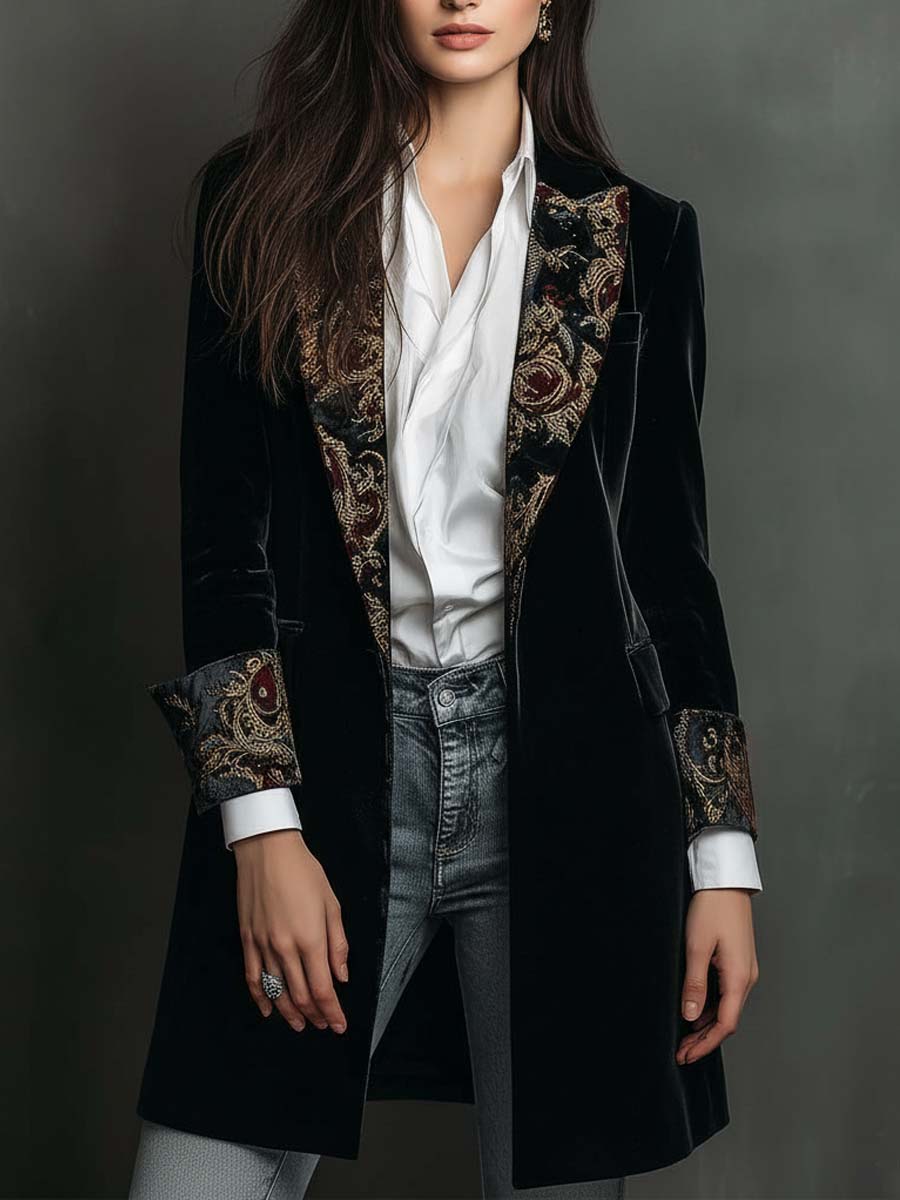 Sort slim fit-blazer med reverser og barokprint