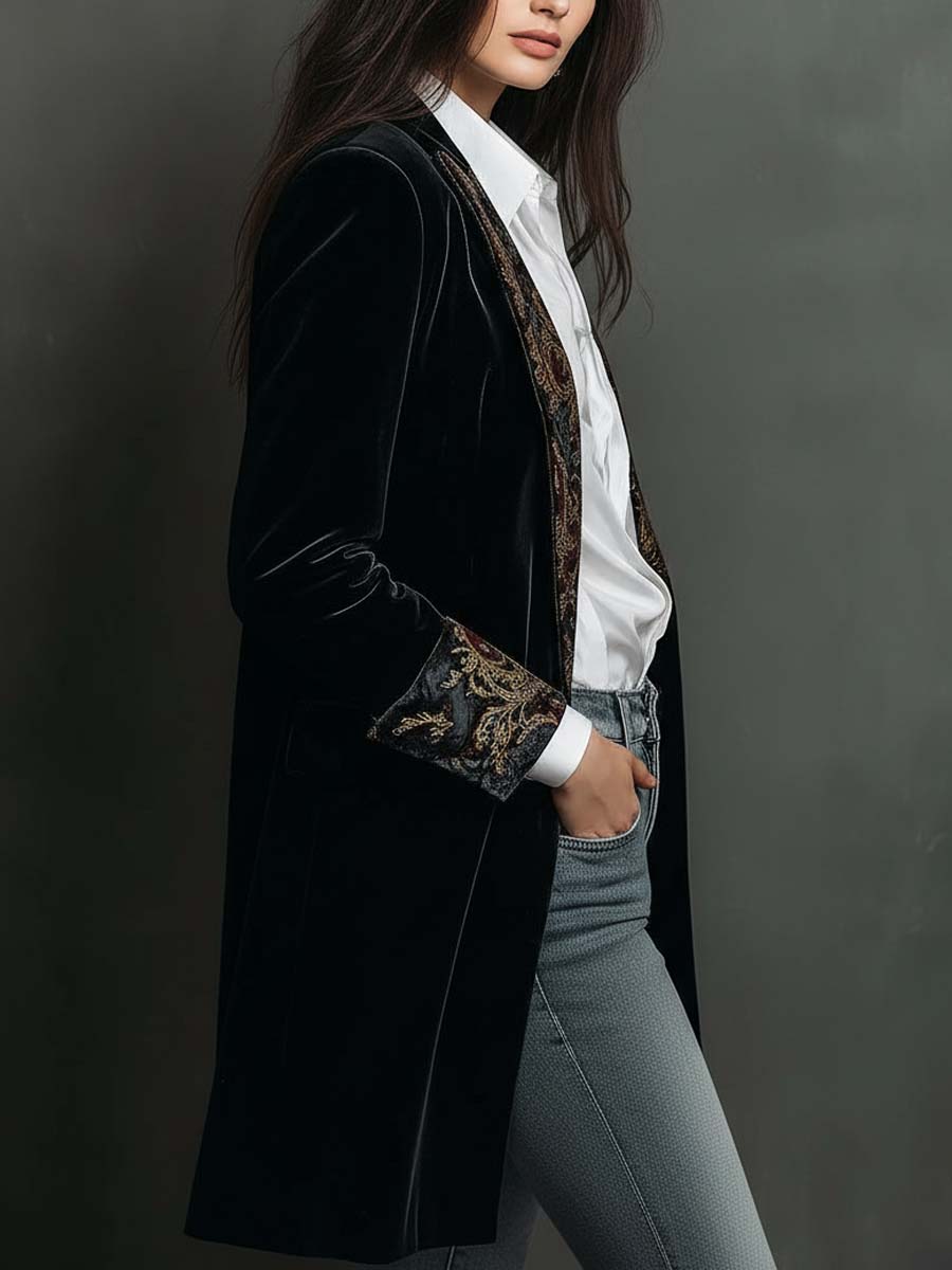 Sort slim fit-blazer med reverser og barokprint