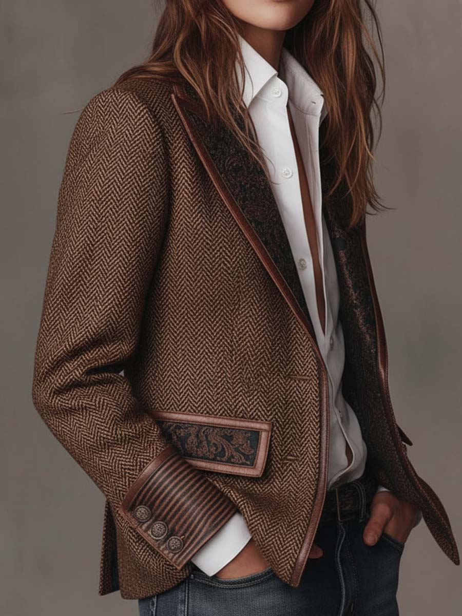 Blazer i sildebensmønster med printede paneler
