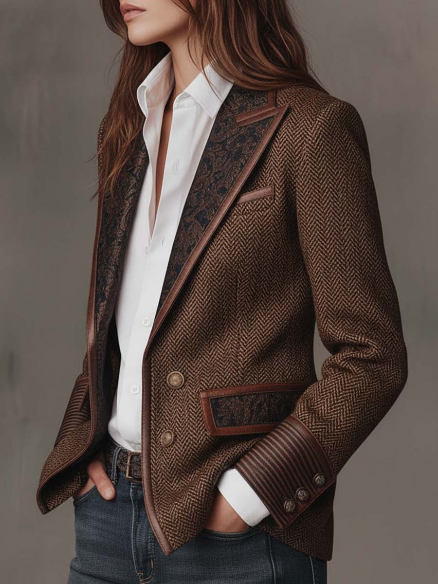 Blazer i sildebensmønster med printede paneler