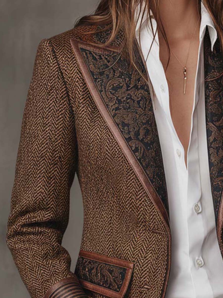 Blazer i sildebensmønster med printede paneler