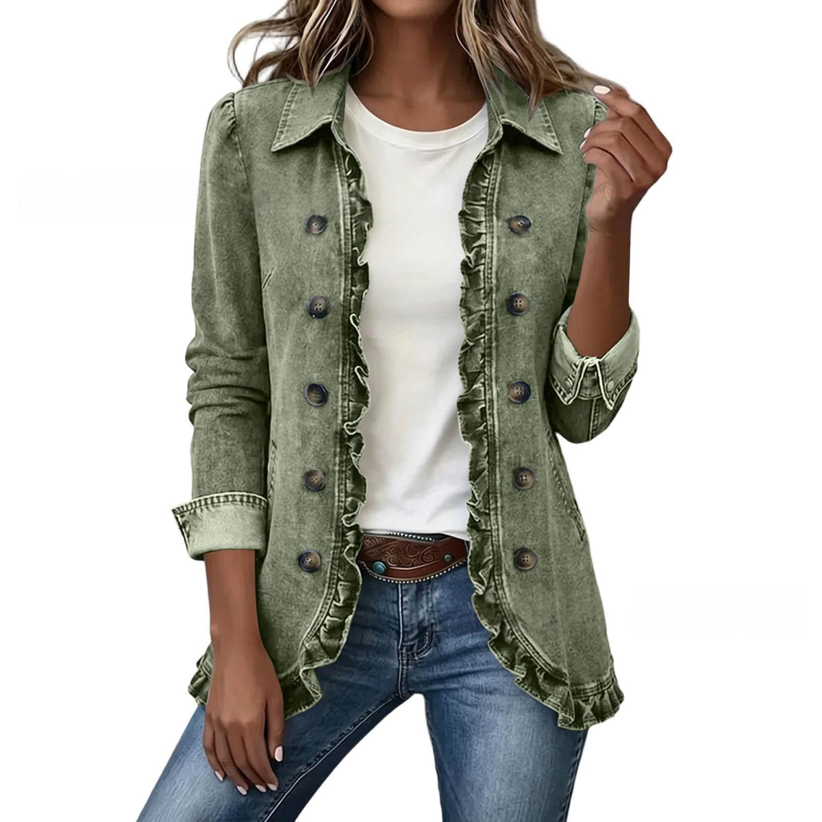 Elise – Elegant denimjakke med flæser, armygrøn