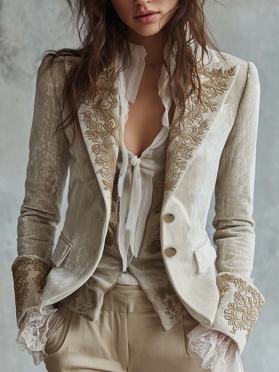 Skræddersyet blazer med broderier, elfenben