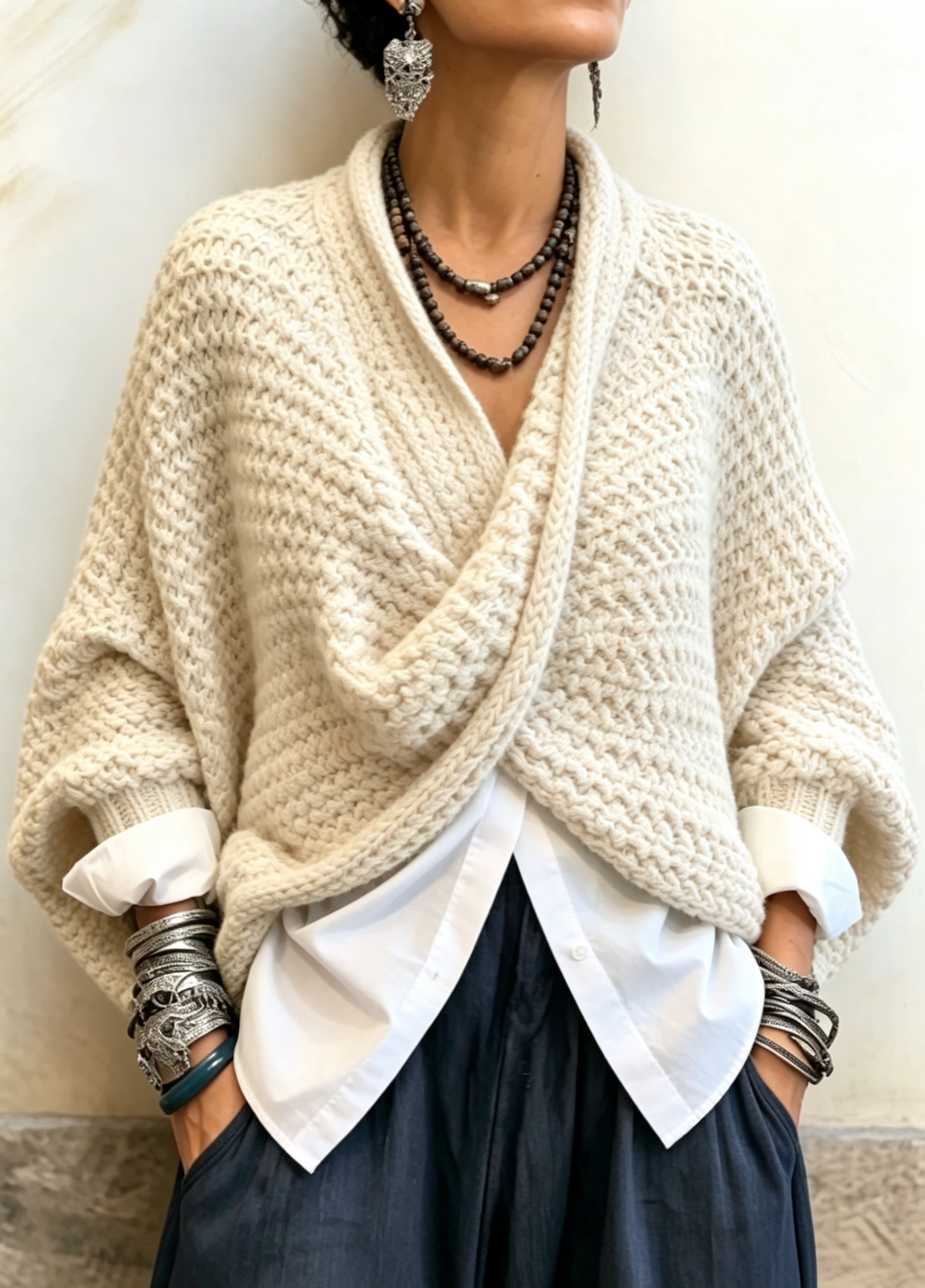 Claire – Grovstrikket sweater med overslag