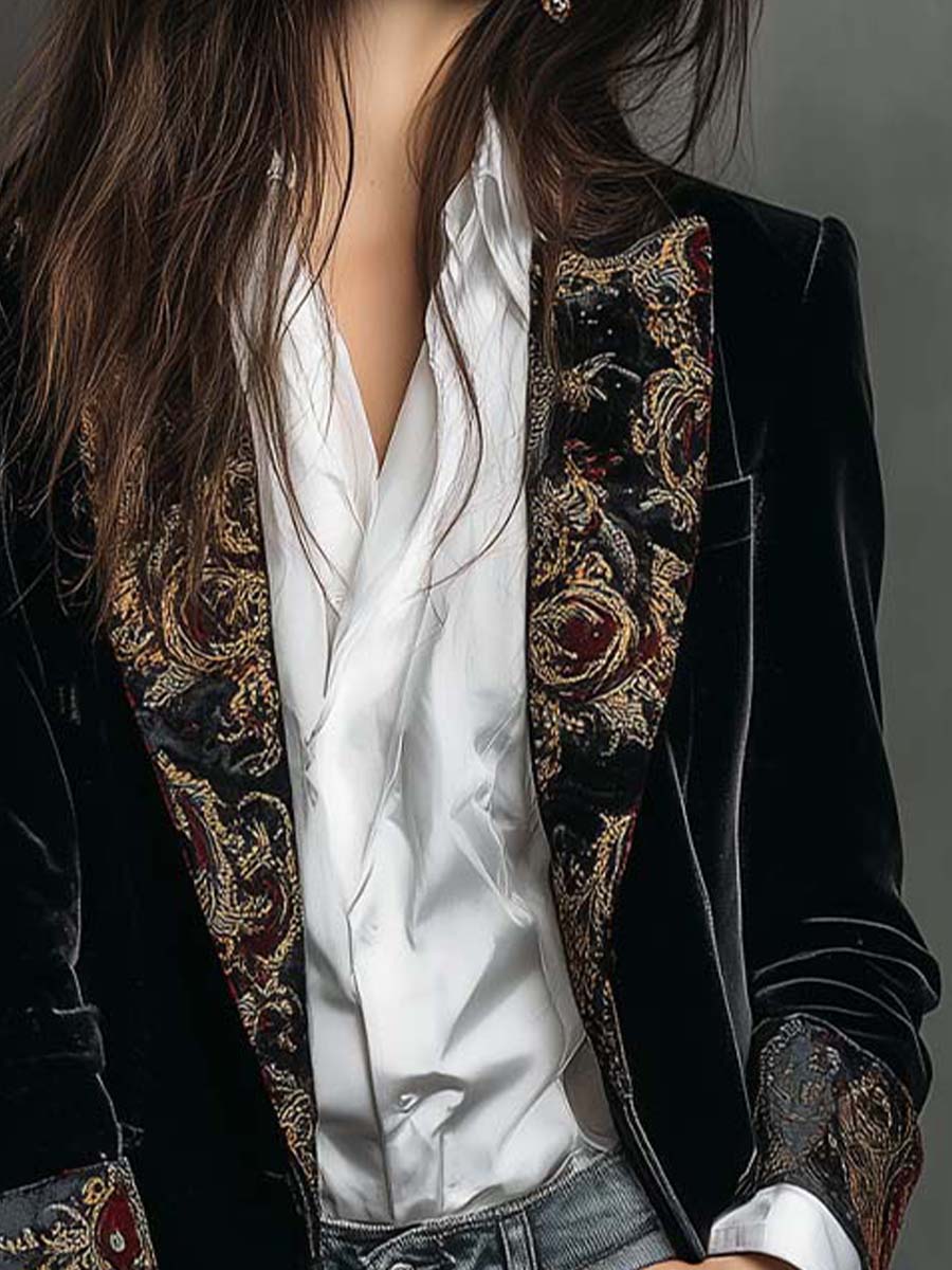 Sort slim fit-blazer med reverser og barokprint