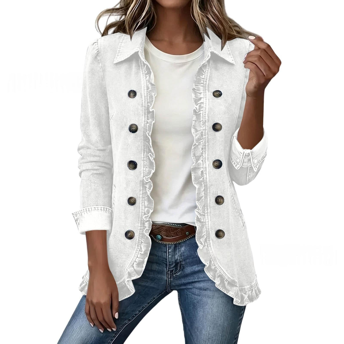 Elise – Elegant denimjakke med flæser, hvid