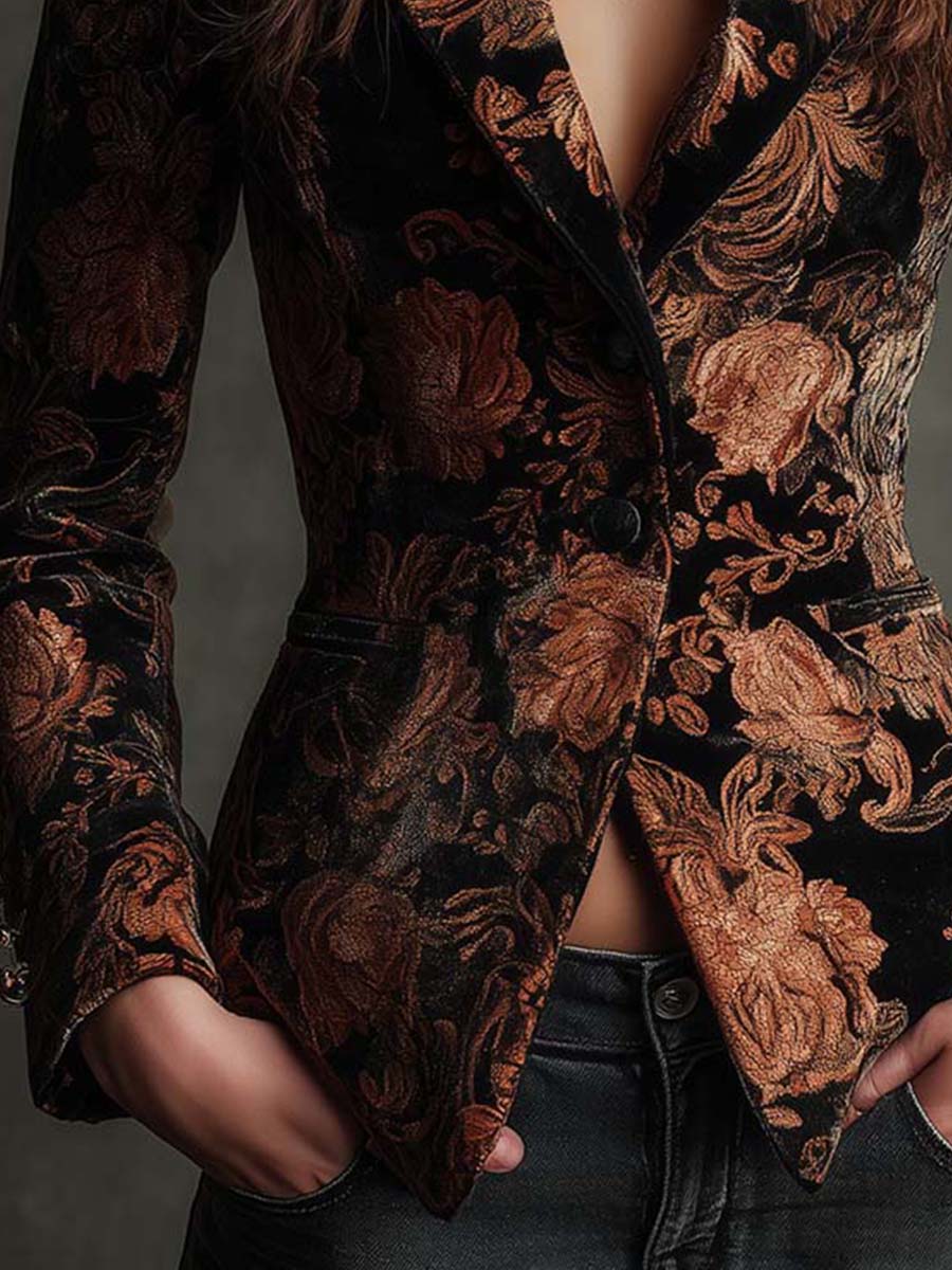 Skræddersyet blazer med sort og bronzefarvet blomsterprint