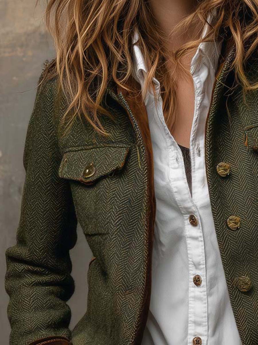 Vintage blazer i sildebensmønster med kontrastkanter