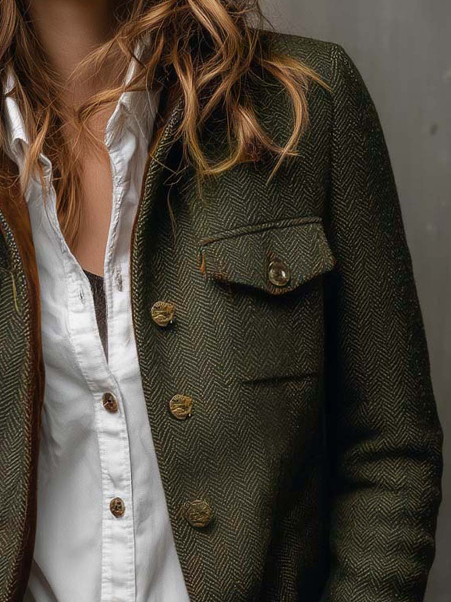 Vintage blazer i sildebensmønster med kontrastkanter