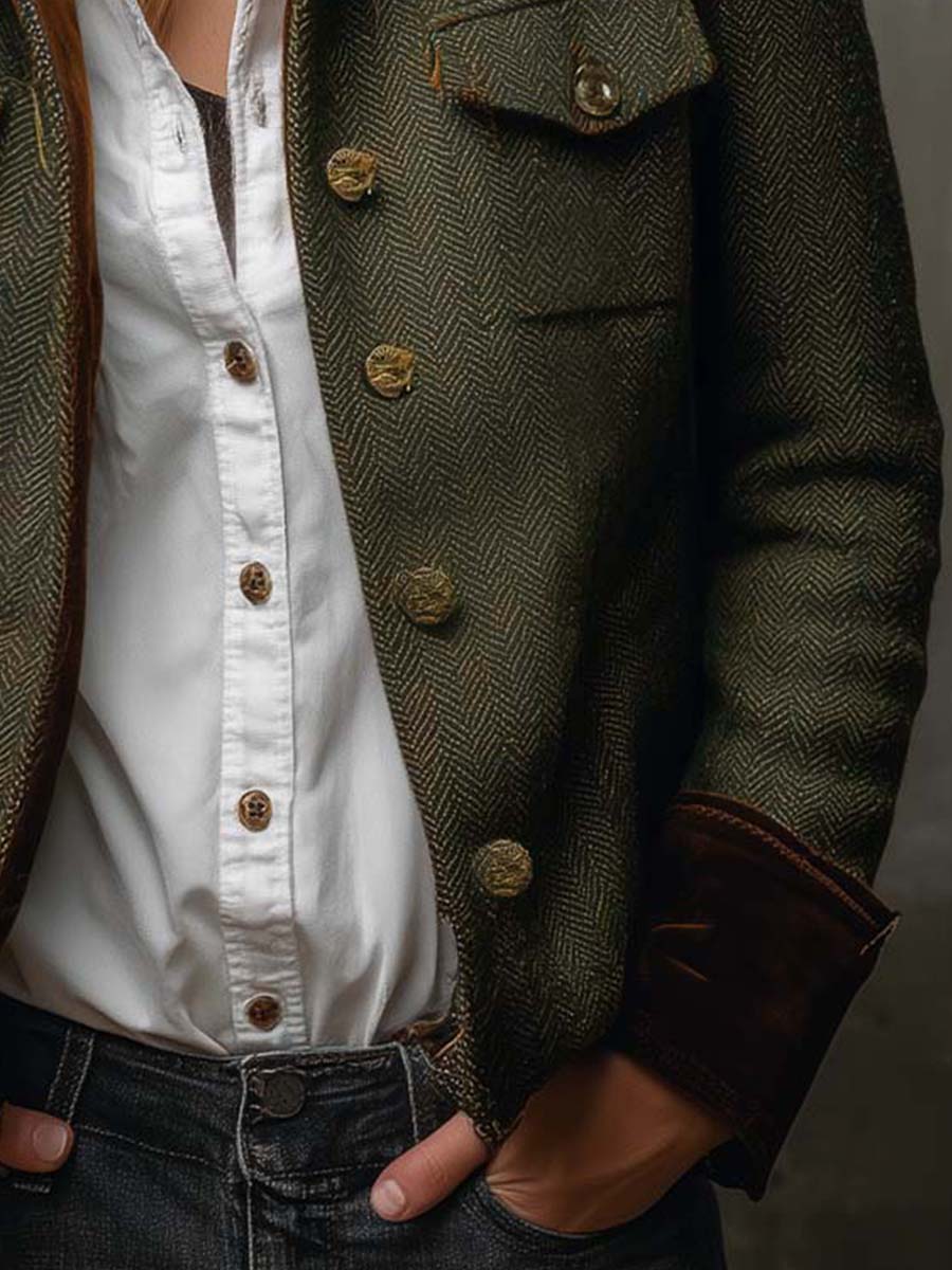 Vintage blazer i sildebensmønster med kontrastkanter