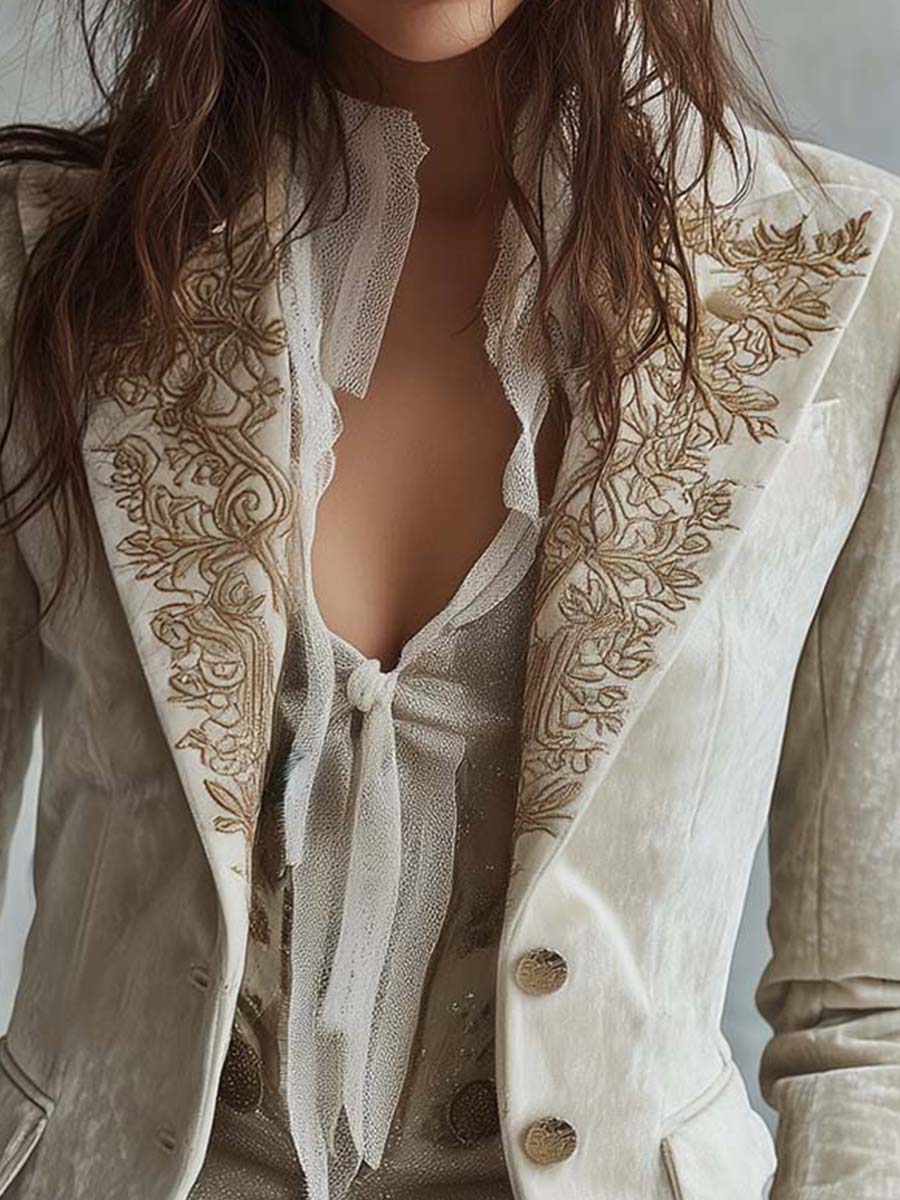 Skræddersyet blazer med broderier, elfenben