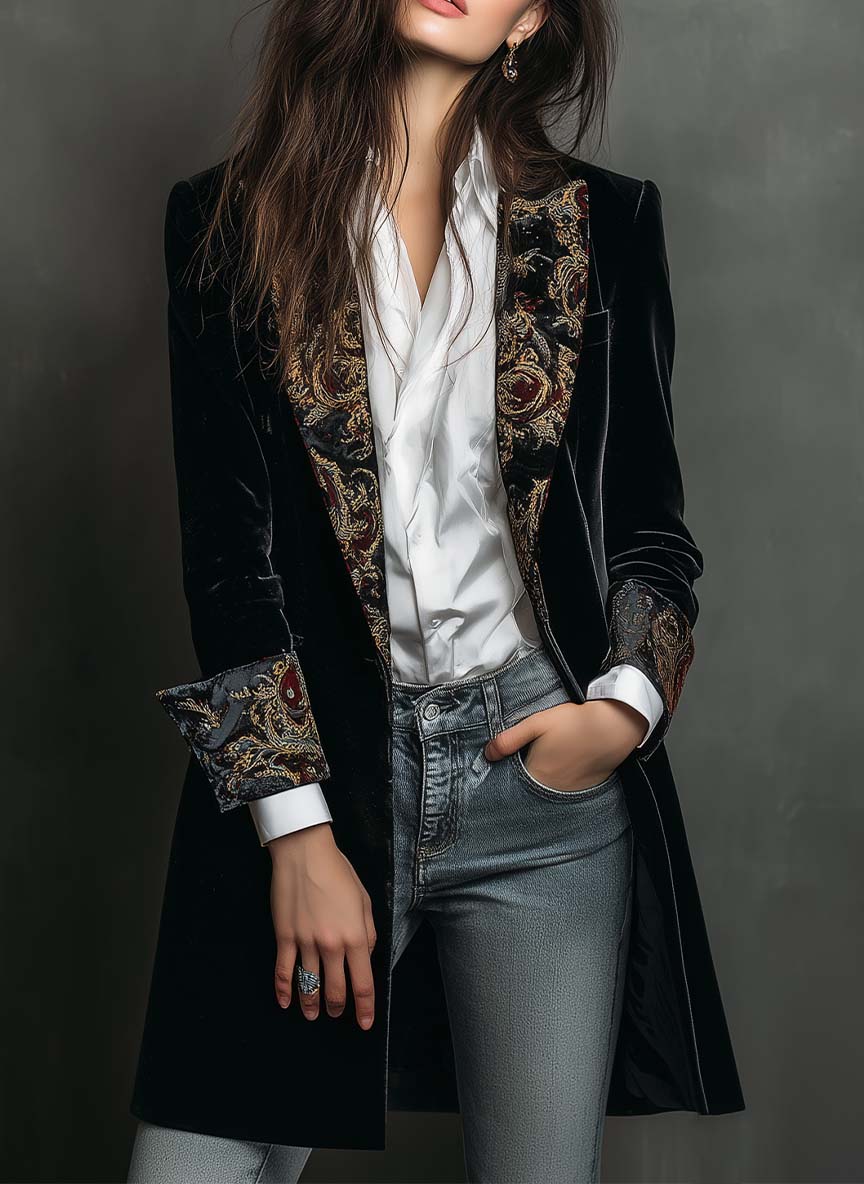 Sort slim fit-blazer med reverser og barokprint