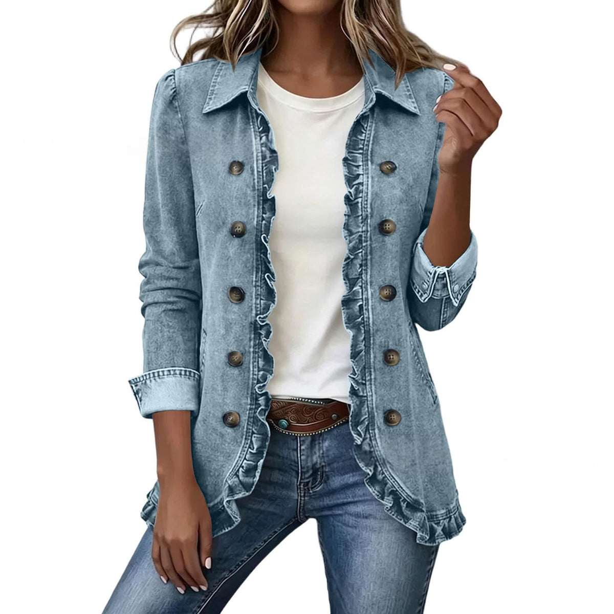 Elise – Elegant denimjakke med flæser, lyseblå