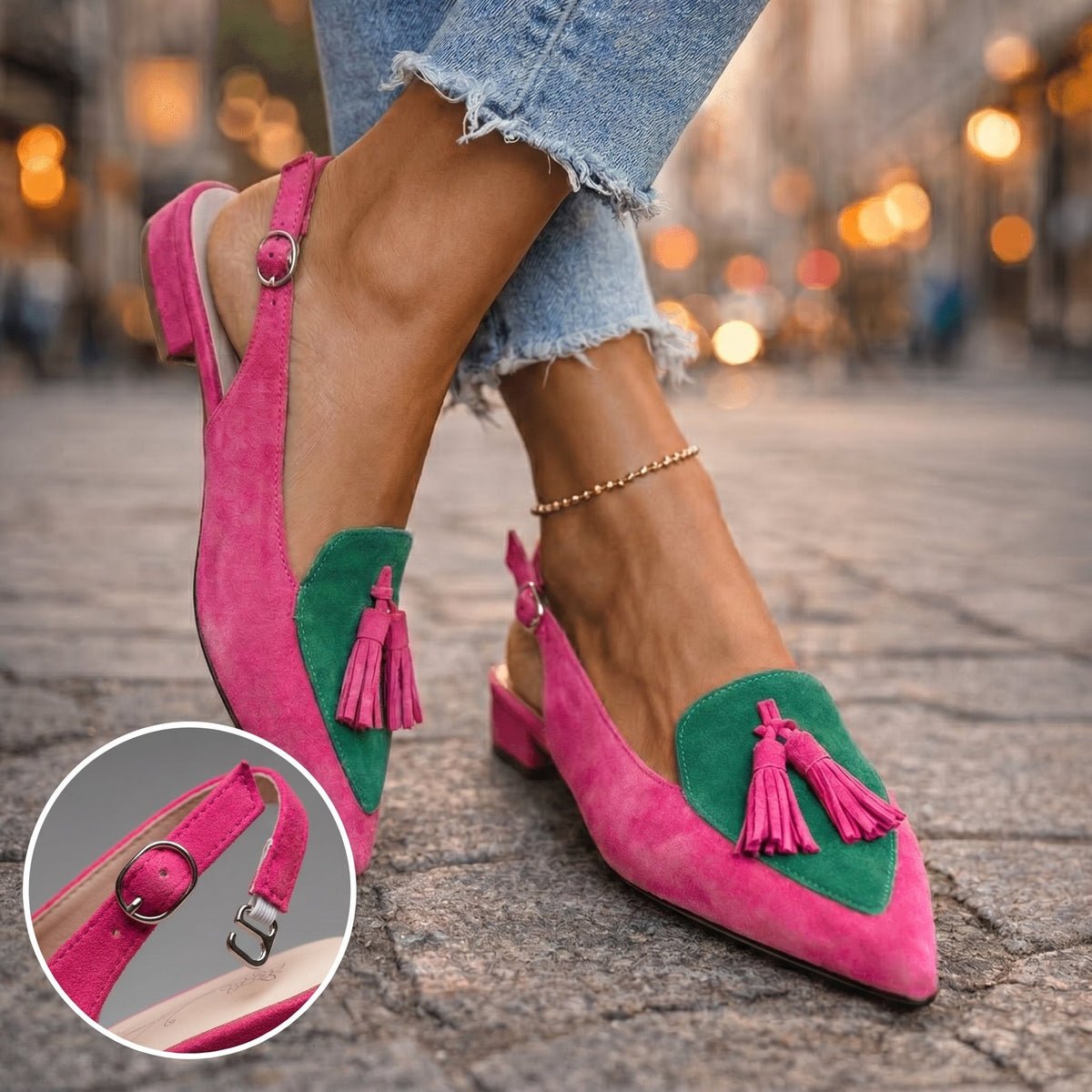 Lorena | Slingbacks i ruskindslook med kvaster