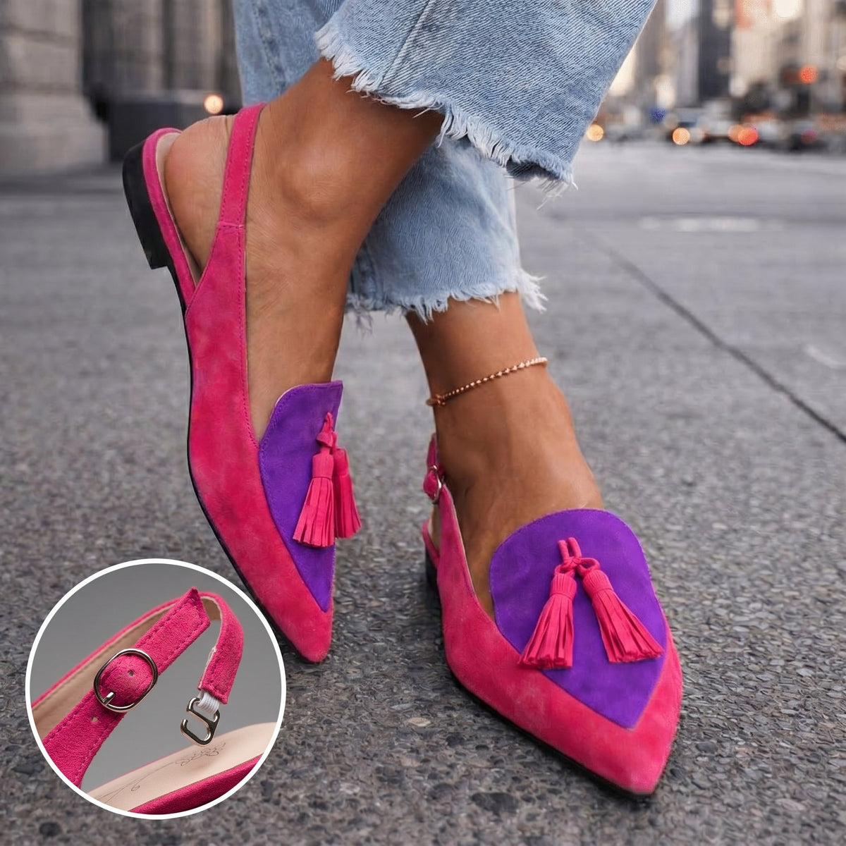 Lorena | Slingbacks i ruskindslook med kvaster