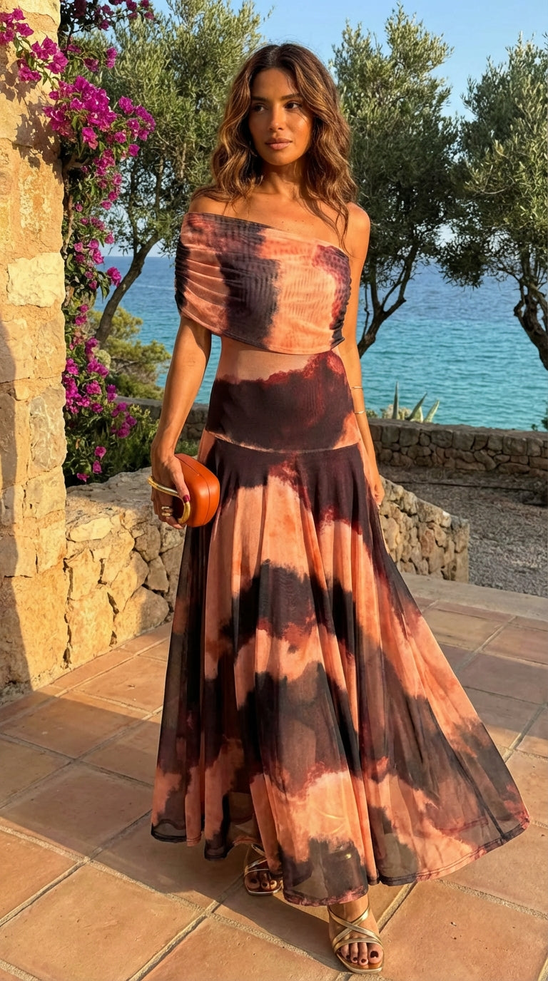 Kjole med print i orange og brun