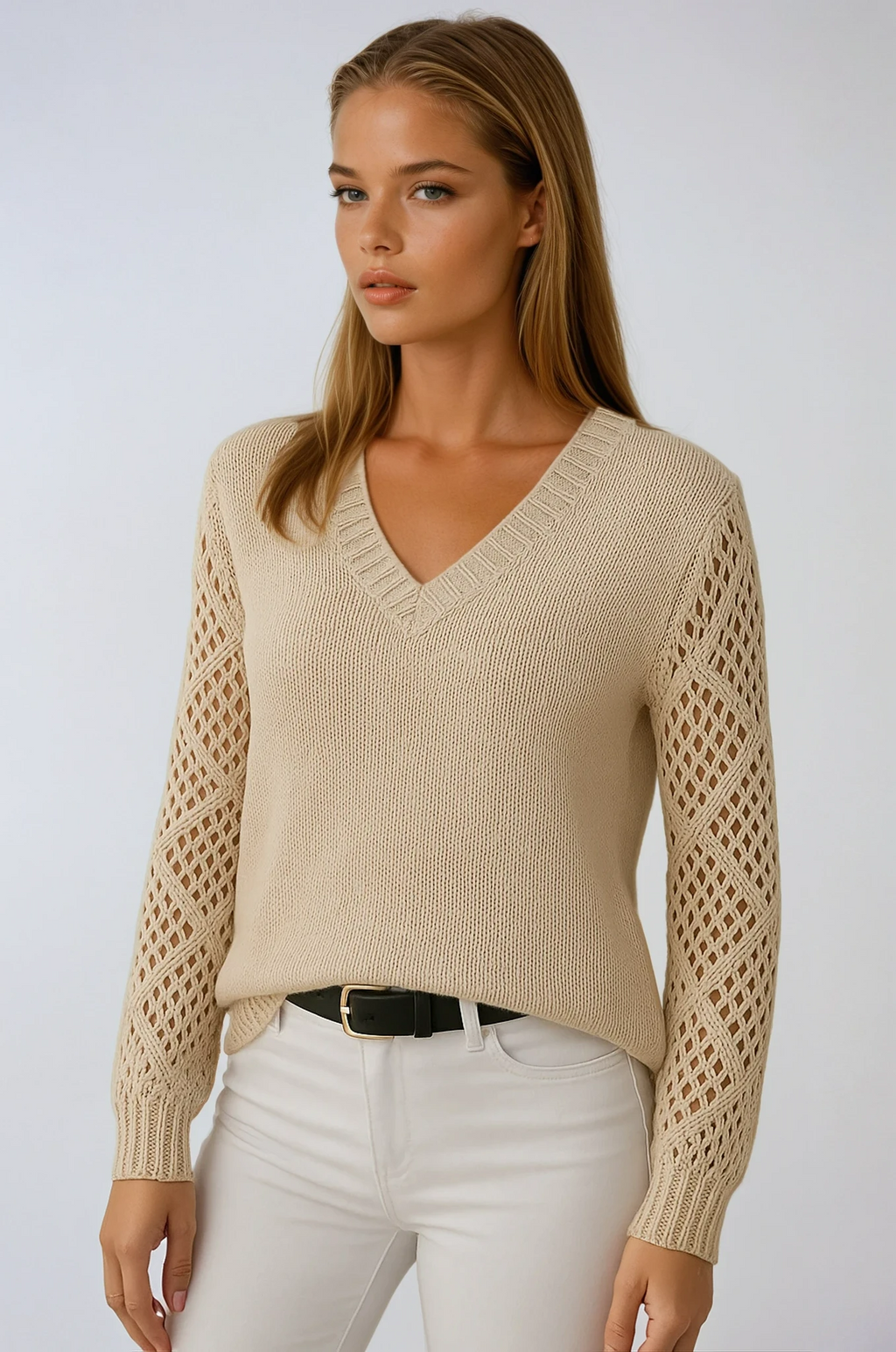 Desideria | Striksweater med hæklede ærmer
