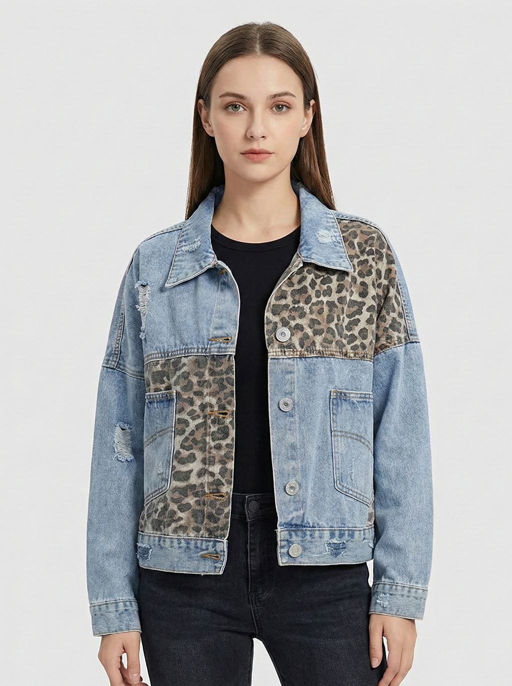 Paolina | Denimjakke med leopardindsatser og slidte detaljer