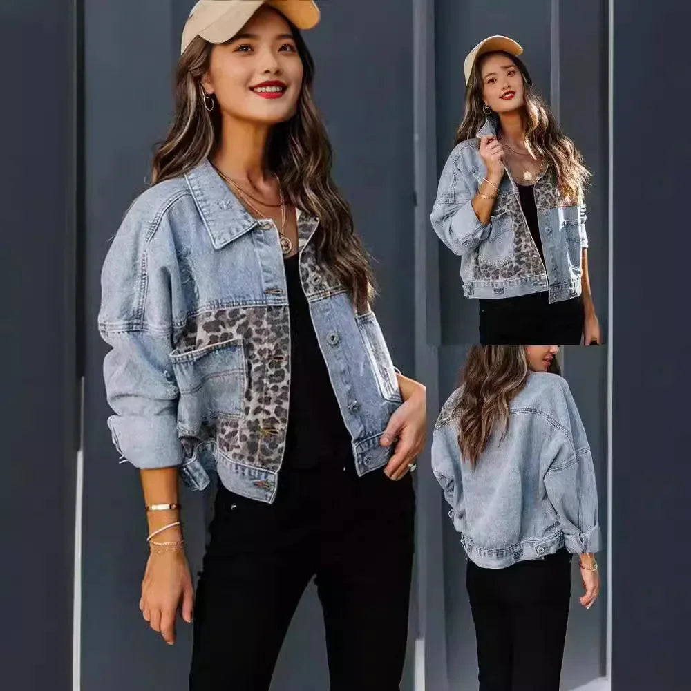 Paolina | Denimjakke med leopardindsatser og slidte detaljer
