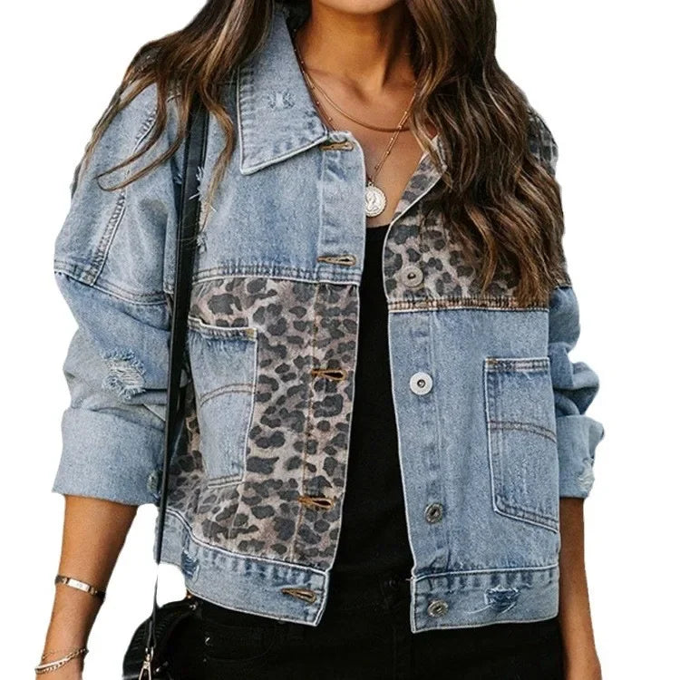 Paolina | Denimjakke med leopardindsatser og slidte detaljer