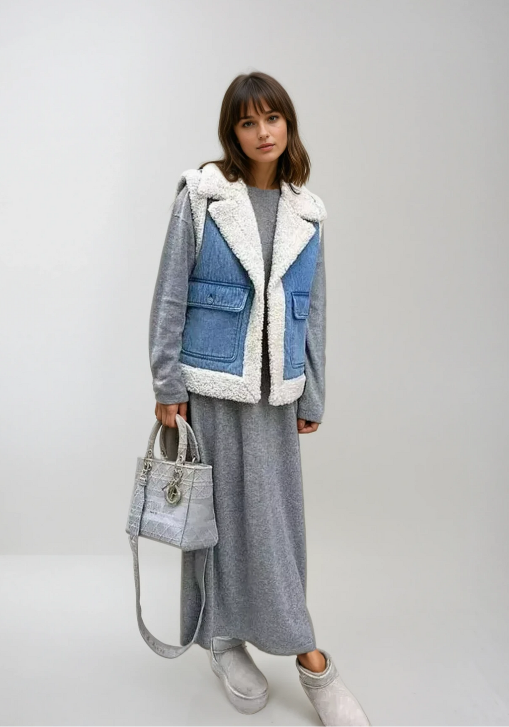 Petronilla | Denimvest i vintagestil med kunstigt lammeskind