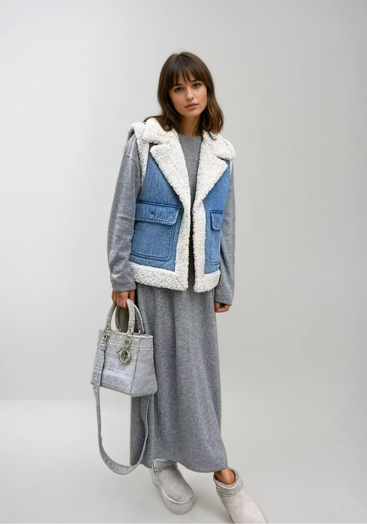 Petronilla | Denimvest i vintagestil med kunstigt lammeskind