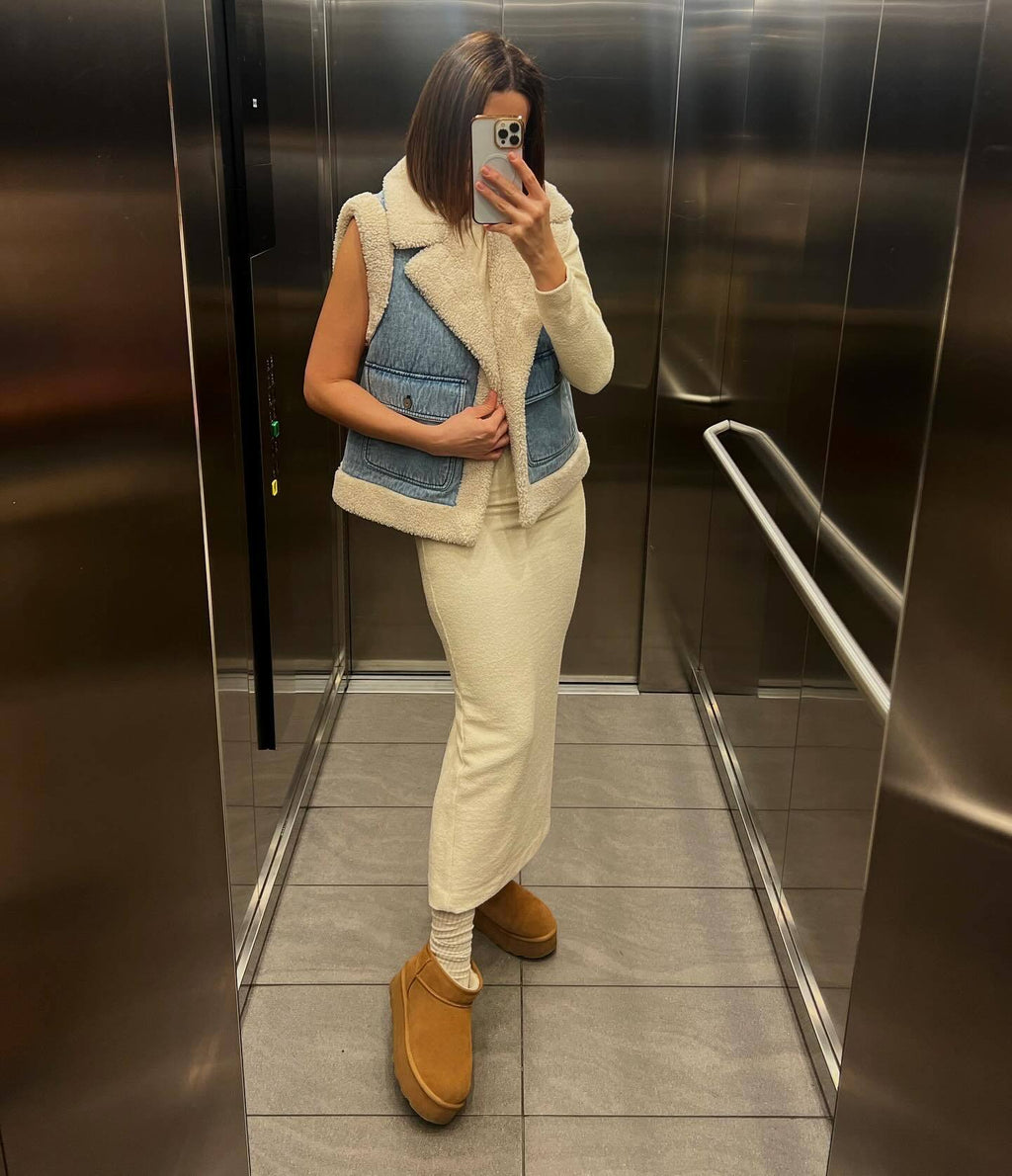 Petronilla | Denimvest i vintagestil med kunstigt lammeskind