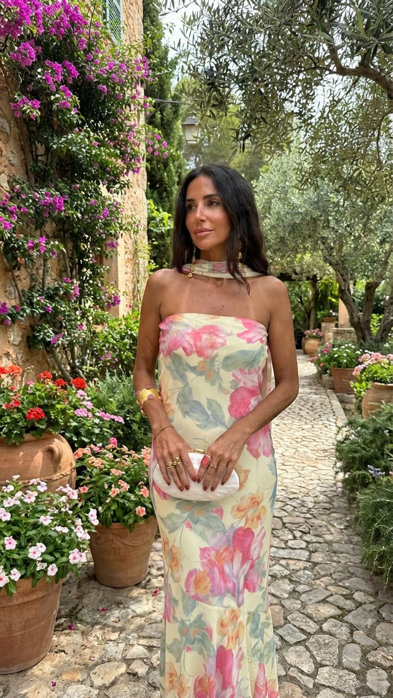 Palermo — Lang stropløs kjole med akvarelblomster