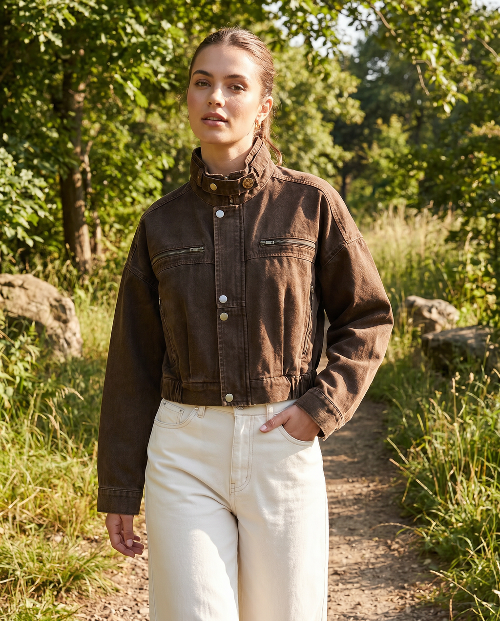 Placida | Kort struktureret brun denimjakke