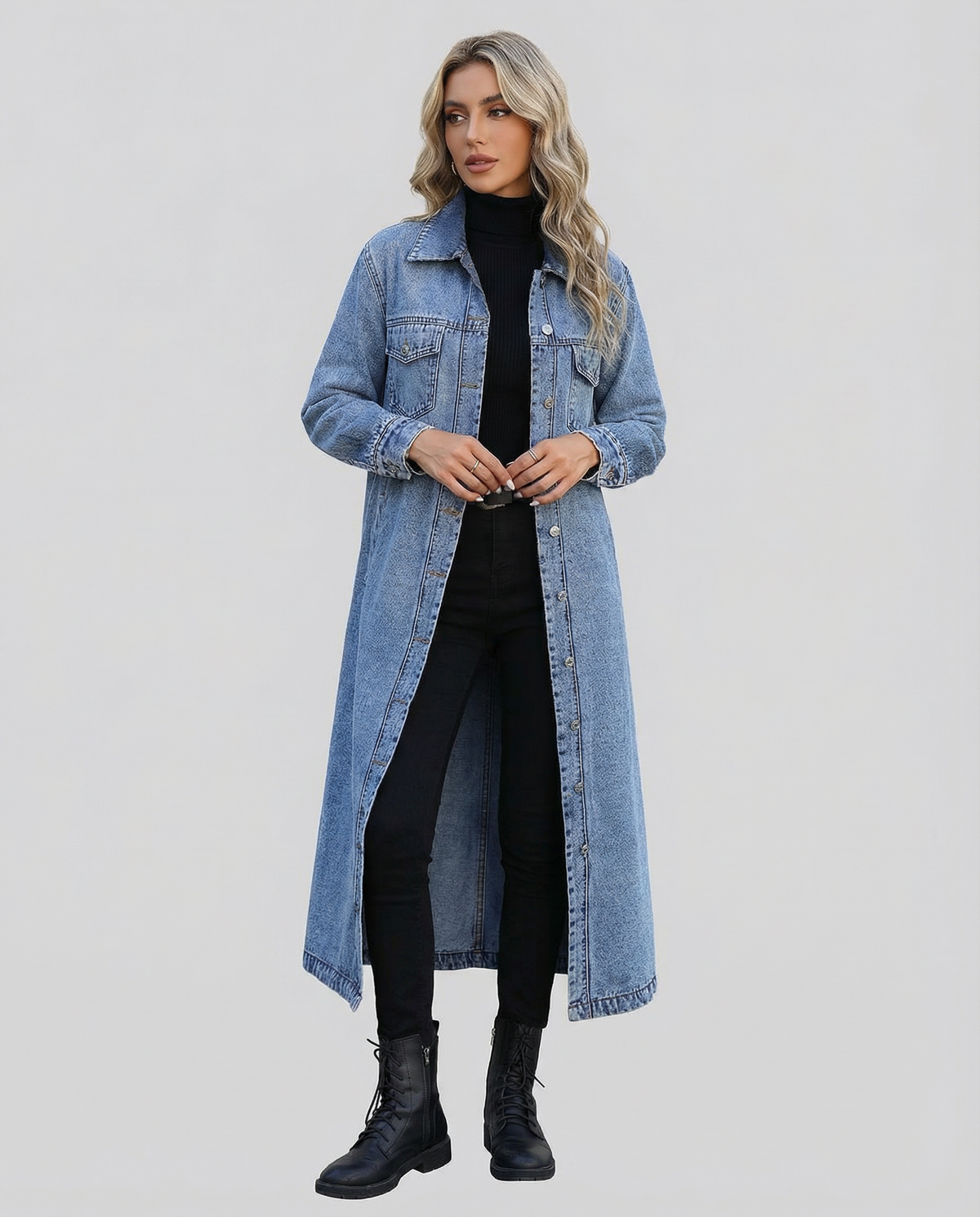 Tarsilla | Lang oversized denimfrakke med knapper og klassisk krave