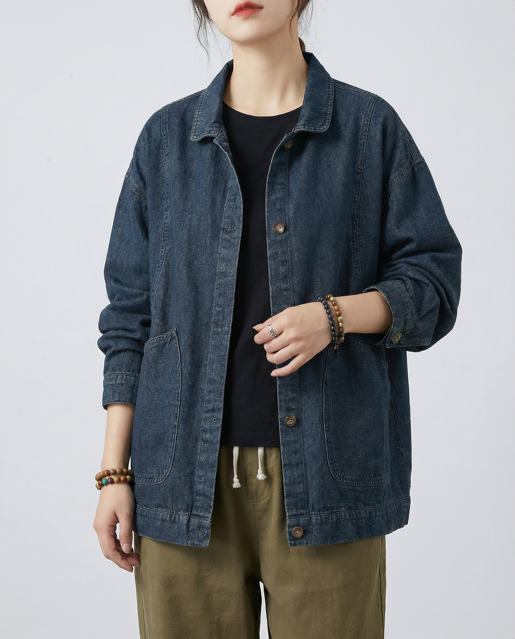 Rina | Lang oversized denimjakke med utility-lommer