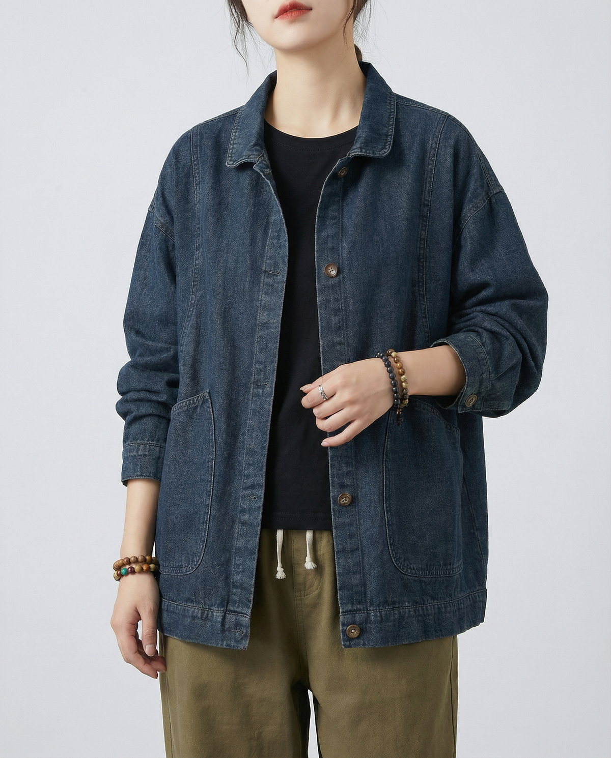 Rina | Lang oversized denimjakke med utility-lommer