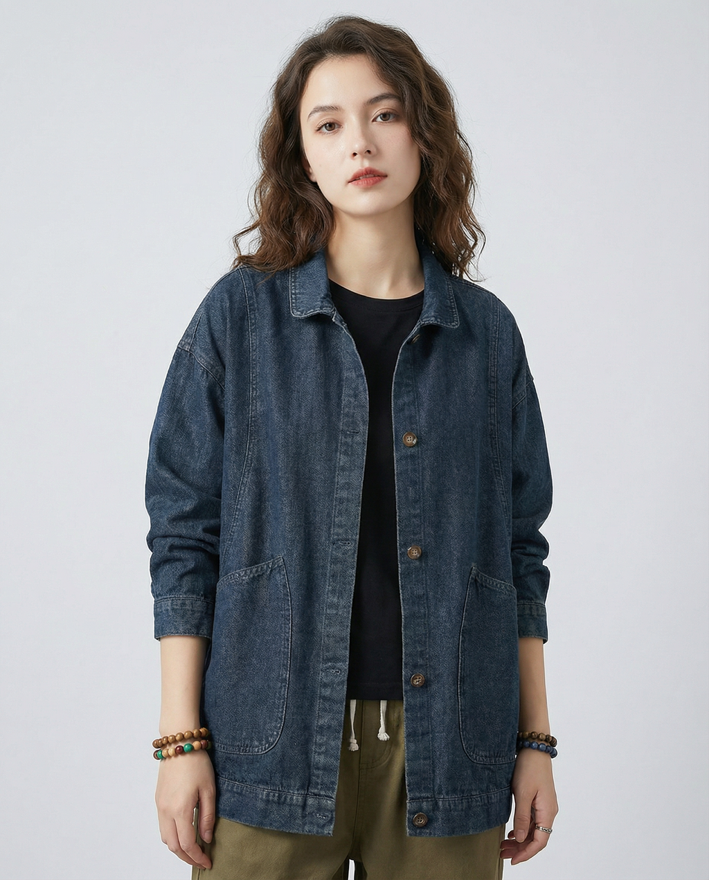 Rina | Lang oversized denimjakke med utility-lommer