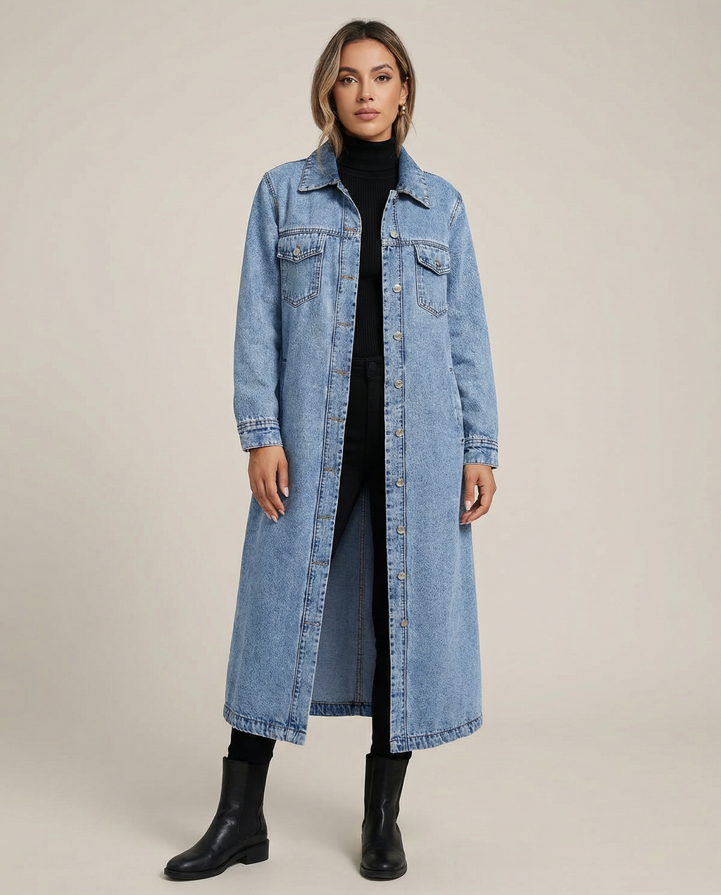 Tarsilla | Lang oversized denimfrakke med knapper og klassisk krave