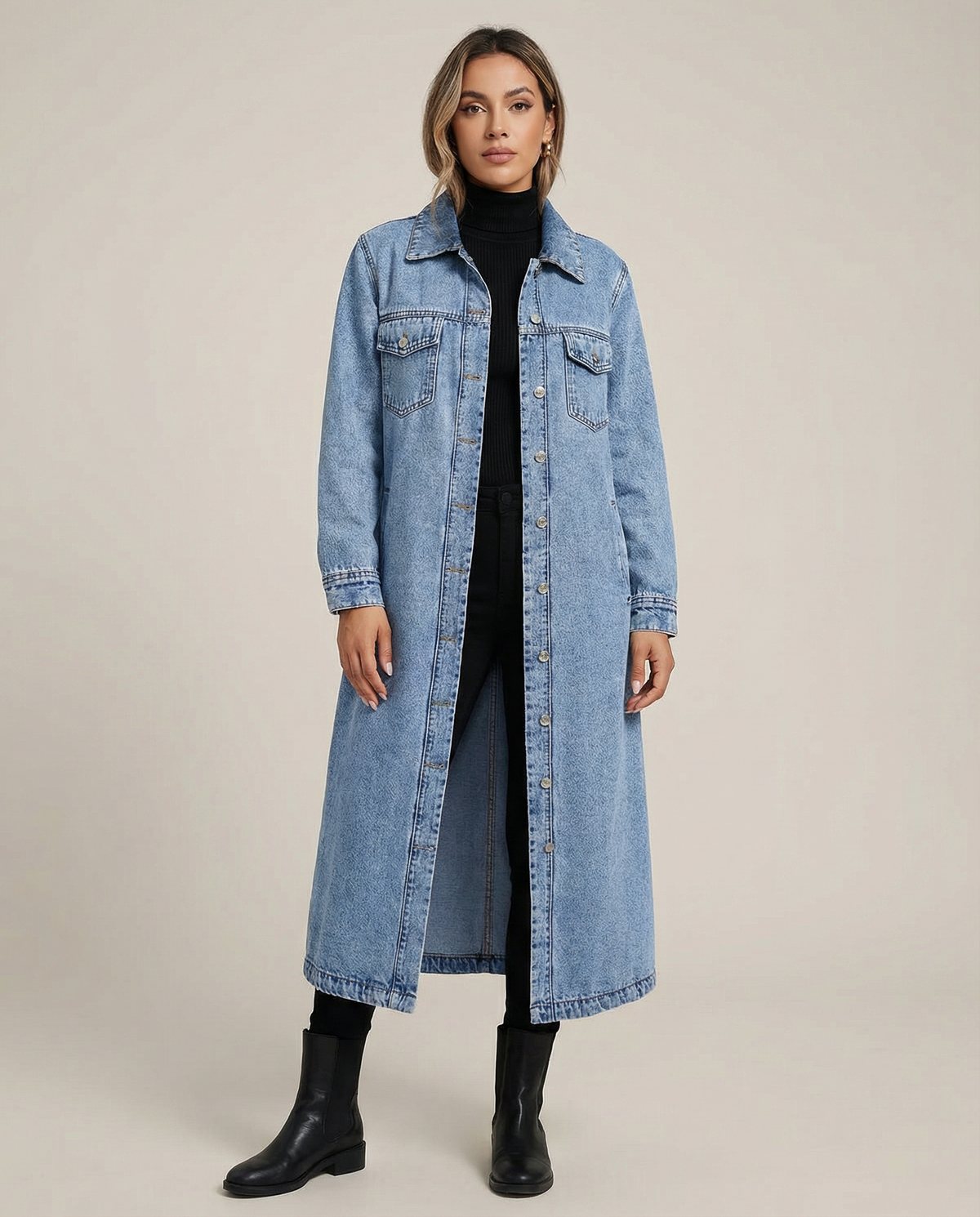 Tarsilla | Lang oversized denimfrakke med knapper og klassisk krave