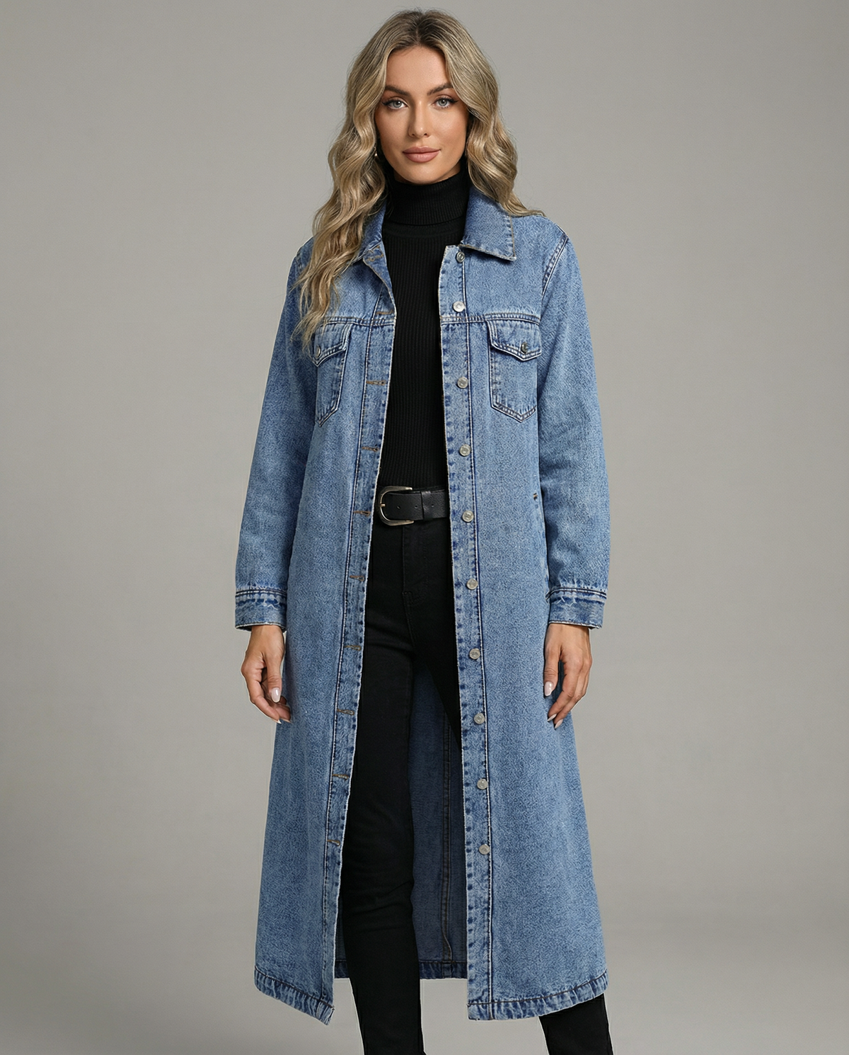 Tarsilla | Lang oversized denimfrakke med knapper og klassisk krave