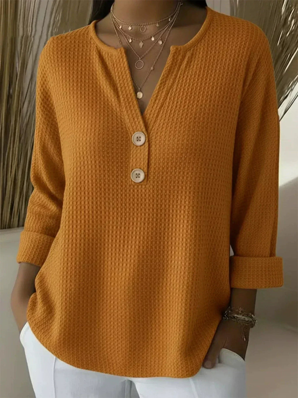 Lucinda | Henley-sweater i vaffelstrik