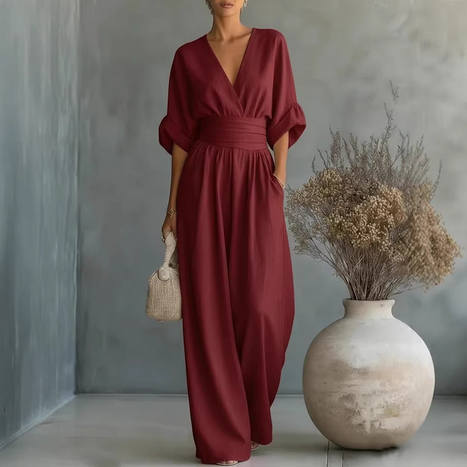 Elowen – Elegant draperet jumpsuit med vide ben