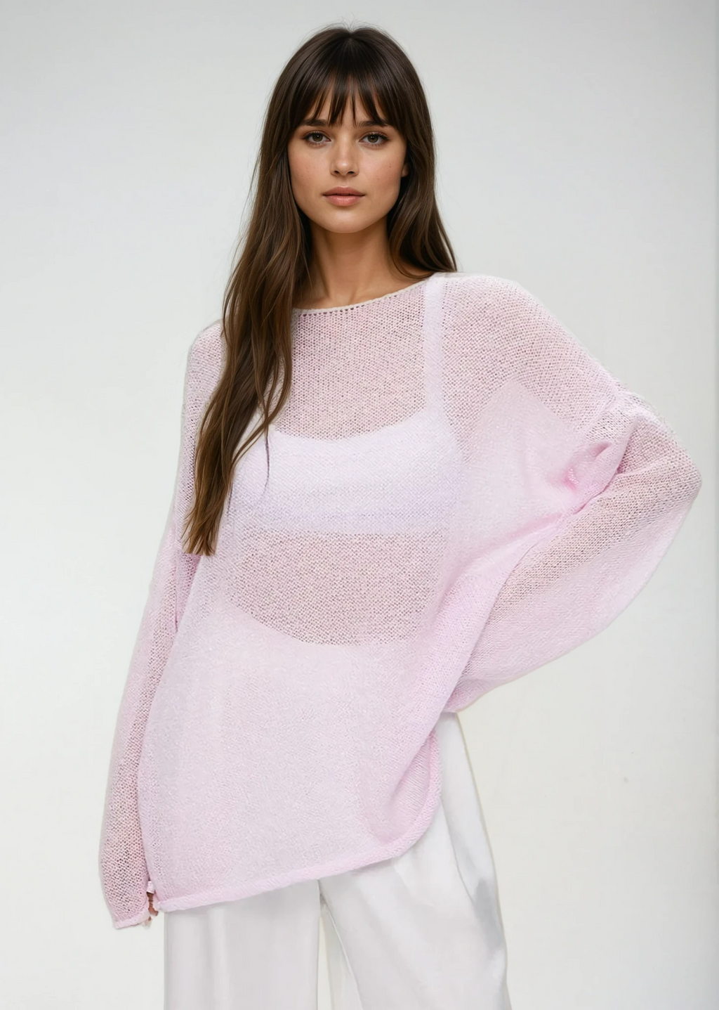 Augusta | Gennemsigtig striksweater i pastellyserød