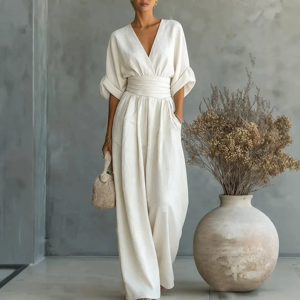 Elowen – Elegant draperet jumpsuit med vide ben