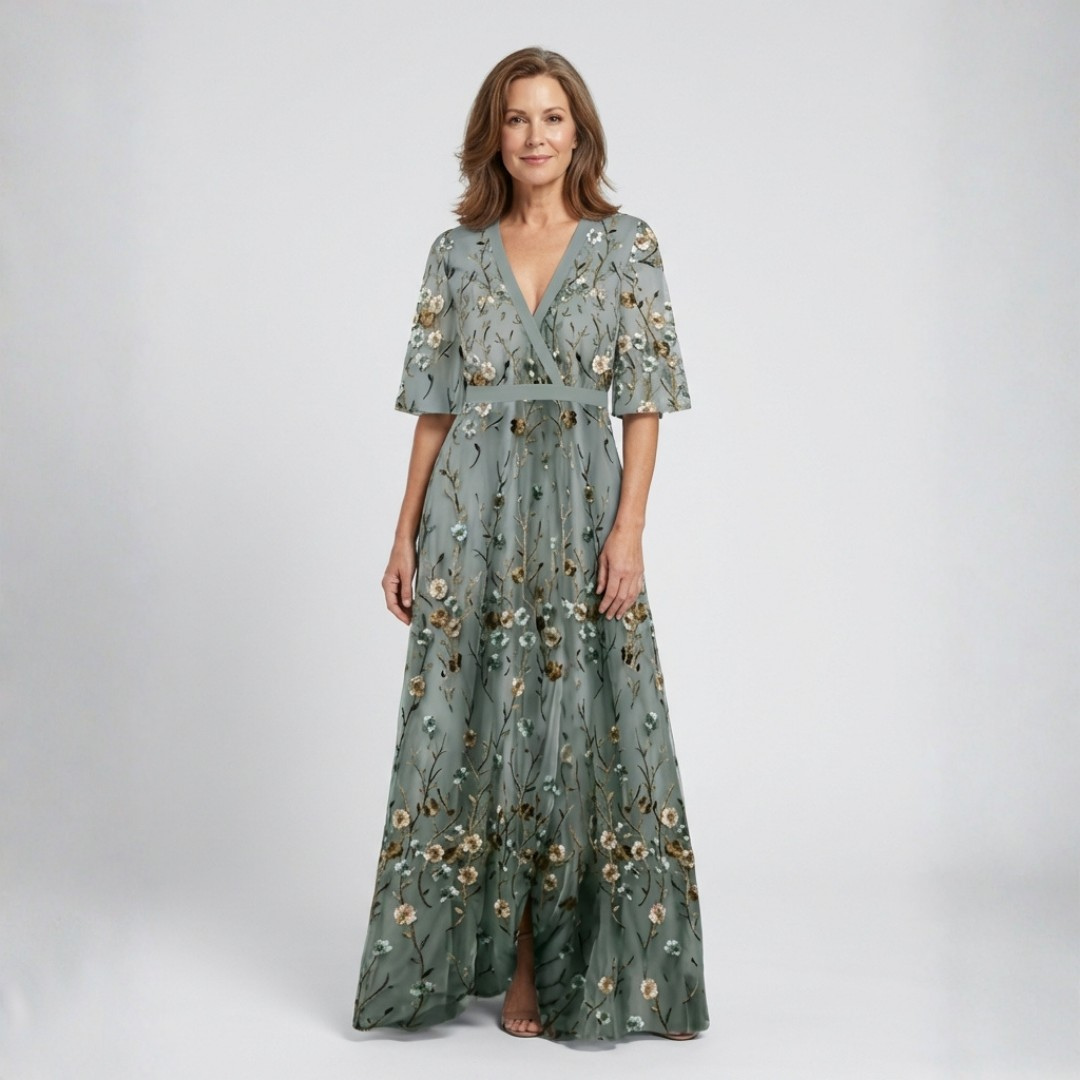 Melodi — Lang blomsterkjole med V-hals