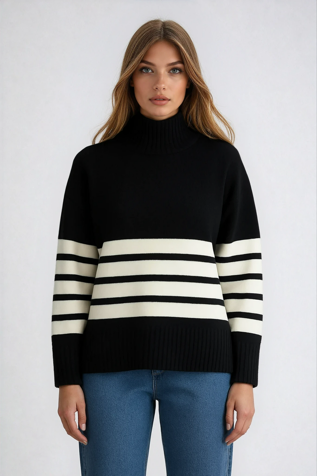 Elena | Stribet sweater med høj hals