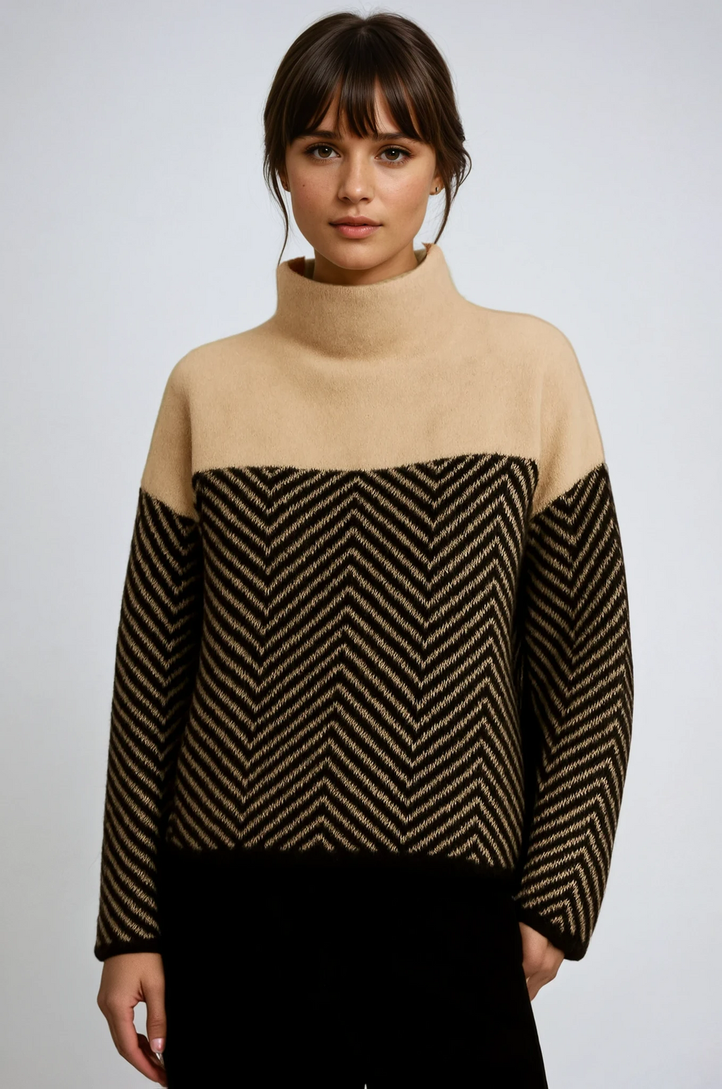 Milena | Rullekravesweater i cashmere med sildebensmønster