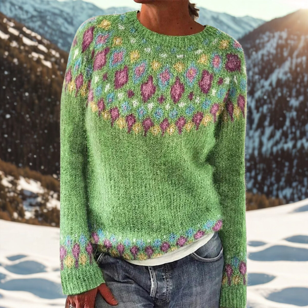 Brunilde | Farverig strikket sweater med flettet skuldermønster